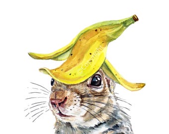 Squirrel Wearing a Banana Hat Watercolour Art Print