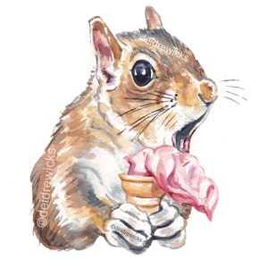Squirrel Watercolour Painting Print - Soft Serve Ice Cream Fine Art