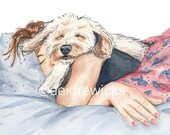 Woman Dog Watercolor PRINT - 5x7 Illustration Print, Nap Time, Poodle Mix, Funny Painting