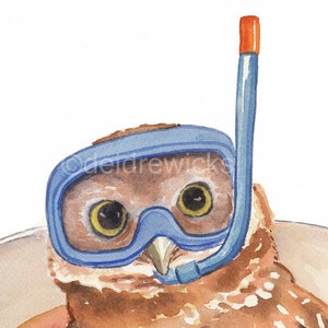 Owl Watercolor Painting Art PRINT, Teacup, Dive Mask, Nursery Art, Scuba Diving, Funny Watercolour, Kitchen Art image 4