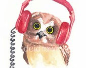 Owl Watercolor PRINT - Animal Watercolour Painting, Music Art, Headphones, Music Lover Gift