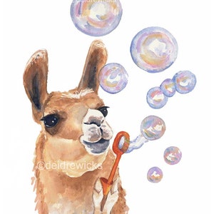 Llama Painting Watercolor Fine Art PRINT Soap Bubbles, Llama Watercolour, Nursery Art, Llama Lover Gift image 1