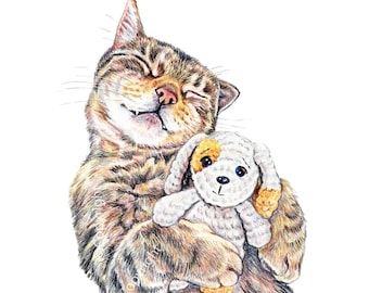 Cat Coloured Pencil Drawing of a Tabby Hugging a Stuffed Dog