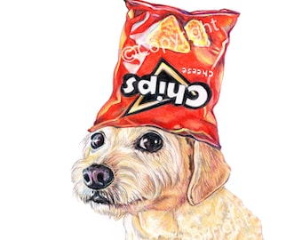 Coloured Pencil Drawing of a Terrier Dog Wearing a Bag a Chips as a Hat