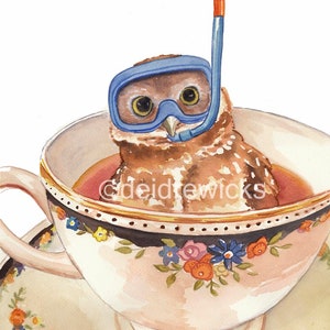 Owl Watercolor Painting Art PRINT, Teacup, Dive Mask, Nursery Art, Scuba Diving, Funny Watercolour, Kitchen Art image 1