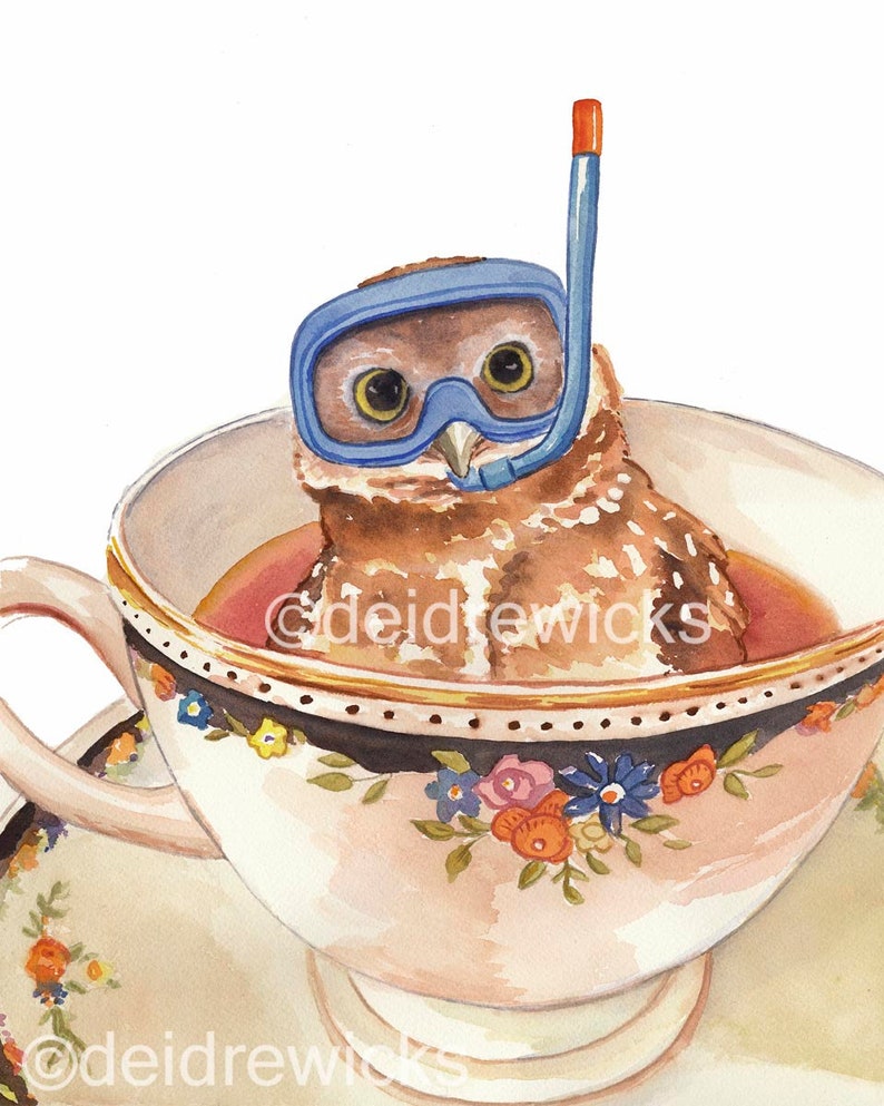 Owl Watercolor Painting Art PRINT, Teacup, Dive Mask, Nursery Art, Scuba Diving, Funny Watercolour, Kitchen Art image 1