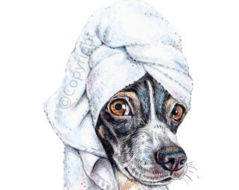 Spa Day Terrier Dog Art Print of a Coloured Pencil Original Bathroom Drawing