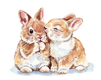 Tiny Bunny Rabbits in Love Watercolour Painting Print