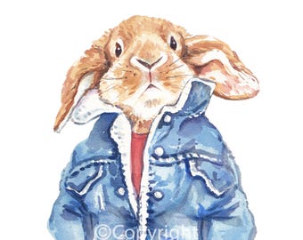 Denim Rabbit Watercolor Print, Fashionable Bunny Art (5x7, 8x10)
