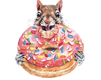 Squirrel Eating a Giant Donut Watercolour Painting Print