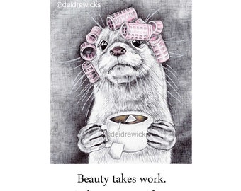 Otter Drinking Tea Ballpoint Pen Drawing - Kitchen or Bathroom 5x7 Art Print