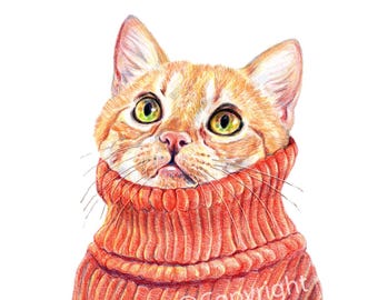 Turtleneck Dreams Coloured Pencil Print of a Ginger Cat Wearing a Sweater