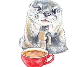 Watercolour Painting of a Daydreaming Otter Drinking Coffee