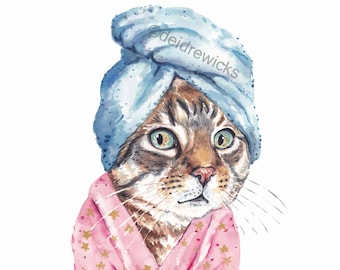 Spa Day Cat Watercolour Painting - Bathroom Art Print of a Brown Tabby