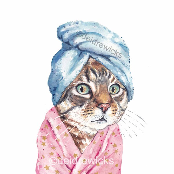 Spa Day Cat Watercolour Painting - Bathroom Art Print of a Brown Tabby