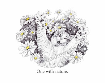 One With Nature Tabby Cat Print - Ballpoint Pen Illustration 5x7 Flower Art