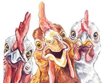City Chickens Watercolor Painting Portrait Print
