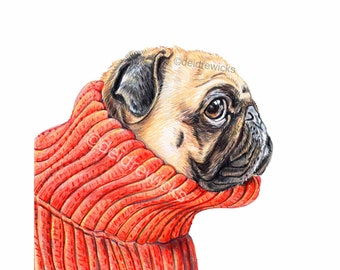 Turtleneck Pug Coloured Pencil Drawing - Art Print of a Dog Wearing a Sweater