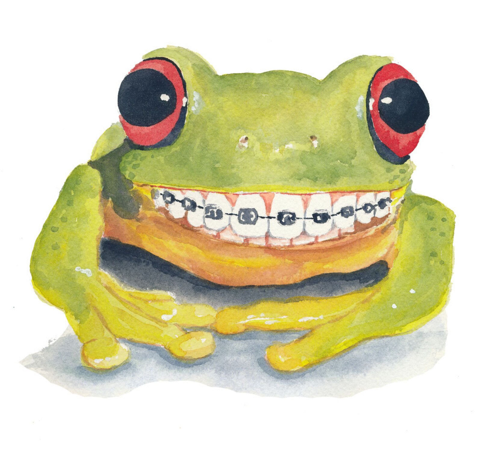 Original Frog Watercolour Painting Big Smile Braces Tree | Etsy