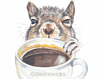 Coffee Squirrel Watercolour Painting - Print of Not Into Mornings