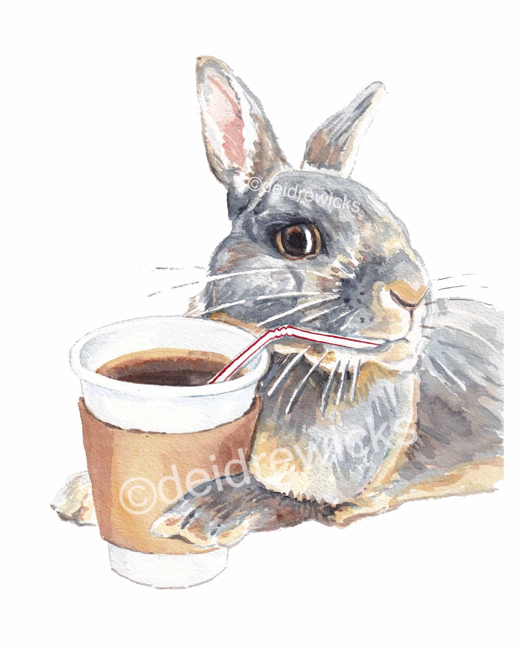 Rabbit Drinking Coffee Watercolour PRINT Painting of a Etsy