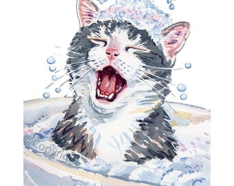 Bath Time Diva Tabby Cat Watercolour Painting Print