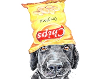 Black Lab Dog Wearing a Chip Bag as a Hat Watercolour Painting