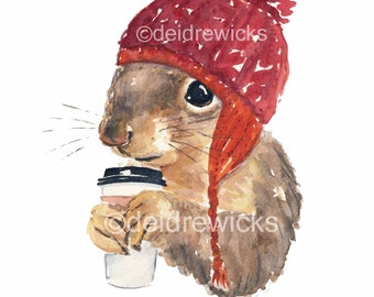 Coffee Squirrel - Watercolor Painting PRINT, Squirrel in a Red Knit Hat