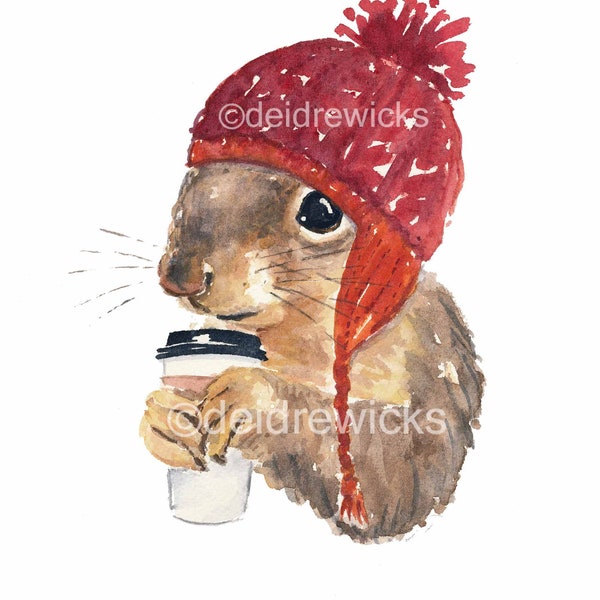 Coffee Squirrel - Watercolor Painting PRINT, Squirrel in a Red Knit Hat