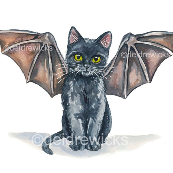 Black Cat Watercolour Painting - Fine Art Kitten with Bat Wings Print