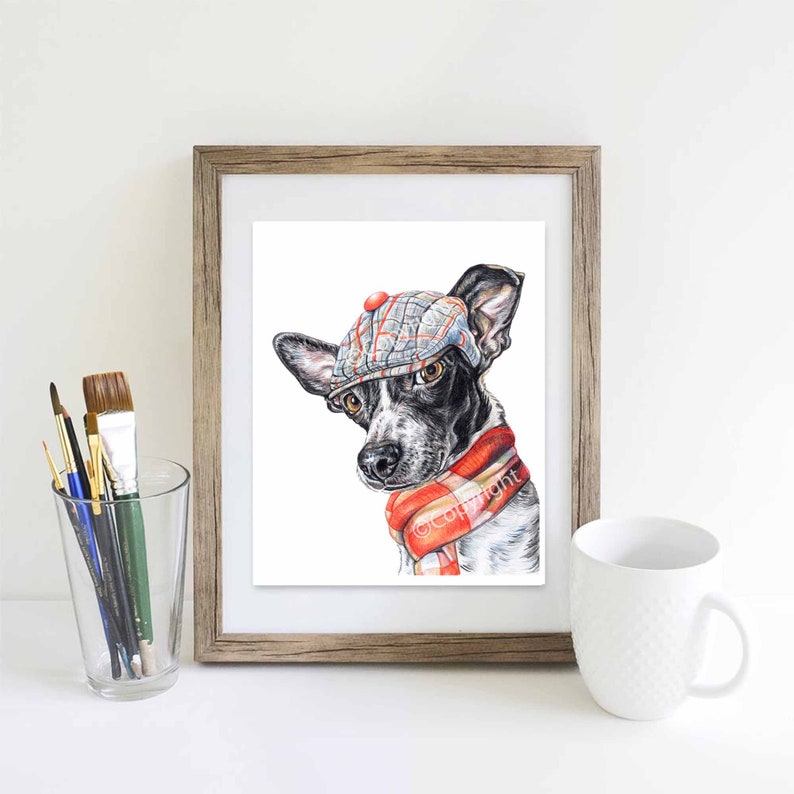 Dapper Dog Rat Terrier Mix Art Coloured Pencil drawing of Dog Wearing a Cap and Scarf image 4