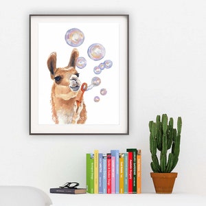 Llama Painting Watercolor Fine Art PRINT Soap Bubbles, Llama Watercolour, Nursery Art, Llama Lover Gift image 5