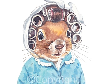 Granny Style Watercolour Painting of a Squirrel Wearing Hair Curlers and a House Coat