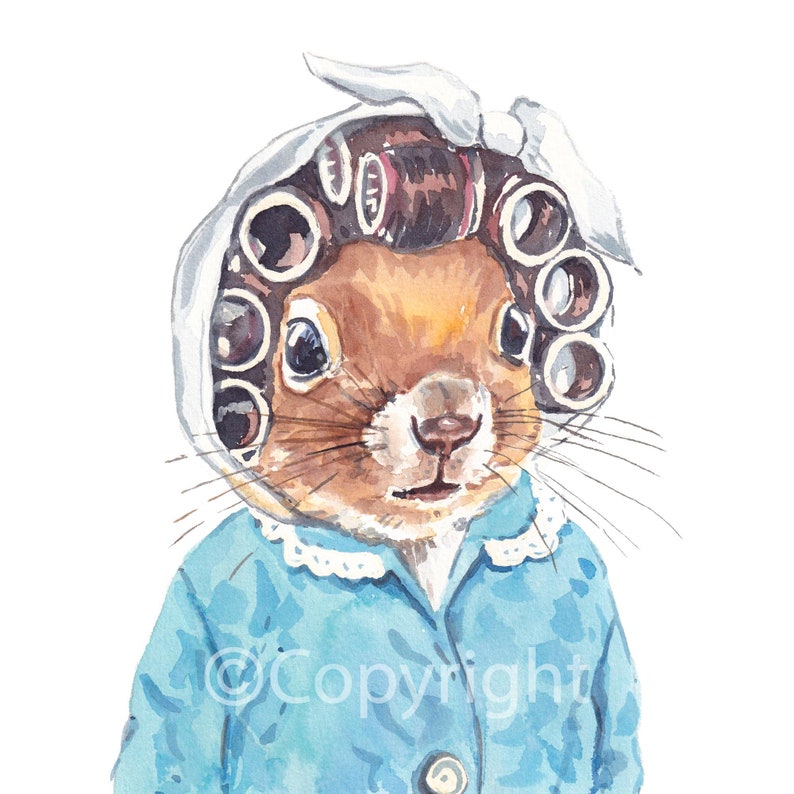 Granny Style Watercolour Painting of a Squirrel Wearing Hair Curlers and a House Coat image 1