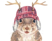 Squirrel PRINT - Watercolor Painting, 8x10 PRINT, Trapper Hat, Canadian, Deer Antlers, Cute Squirrel,