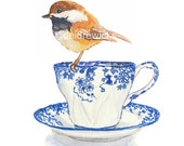 Teacup Watercolor Print, Chickadee Painting, Wall Art, 5x7 Painting Print