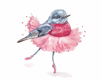 Ballet Birdie Watercolour Painting - Nursery Print of a Robin Bird Wearing a Tutu