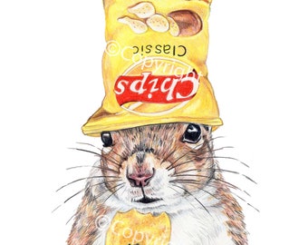 Coloured Pencil Drawing of a Chipper Squirrel Wearing a Potato Chip Bag as a Hat