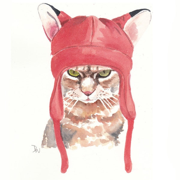 Original Cat Watercolor Painting - Fox Hat, Animal Illustration, 8x10