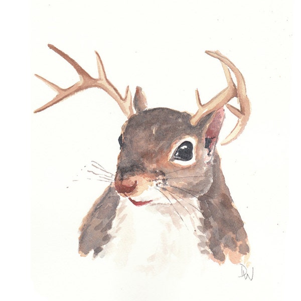 Original Squirrel Watercolor - Antlers, Animal Art, Squirralope