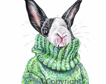 Bunny Rabbit Wearing a Sweater - Fine Art Print of an Original Coloured Pencil Drawing