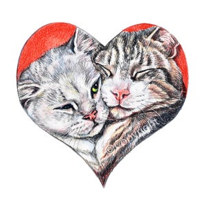 The Real Deal Coloured Pencil Art Print of 2 Tabby Cats in Love