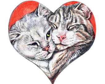 The Real Deal Coloured Pencil Art Print of 2 Tabby Cats in Love