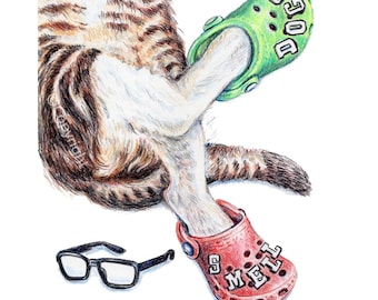 Lounging Tabby Cat Wearing Clogs Fine Art Print