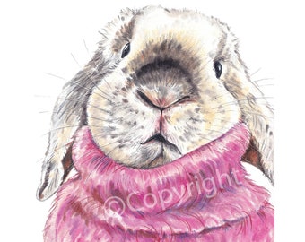 Pastel Drawing of a Lop Eared Bunny Rabbit Wearing a Mohair Sweater