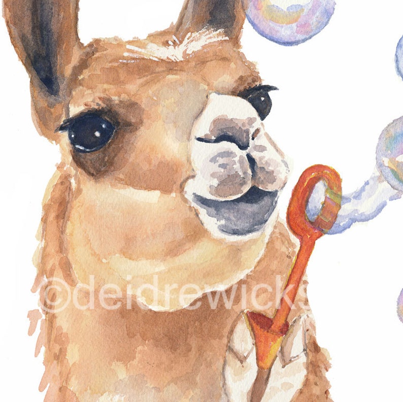 Llama Painting Watercolor Fine Art PRINT Soap Bubbles, Llama Watercolour, Nursery Art, Llama Lover Gift image 4