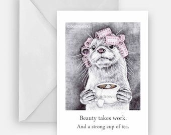 Otter Drinking Tea Greeting Card - A7 Blank Card featuring Original Pen Art