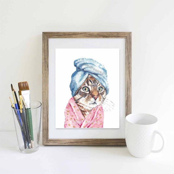 Spa Day Cat Watercolour Painting Bathroom Art Print of a Brown Tabby -   Israel