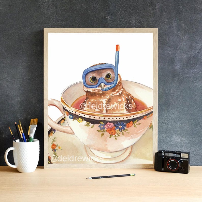 Owl Watercolor Painting Art PRINT, Teacup, Dive Mask, Nursery Art, Scuba Diving, Funny Watercolour, Kitchen Art image 6