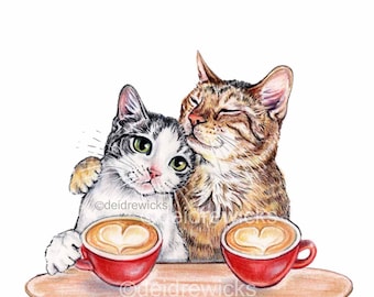 May include: Two cats, one tabby and one black and white, are sitting at a table with red mugs of coffee. The tabby cat has its eyes closed and is leaning against the black and white cat. The coffee has heart-shaped foam art.